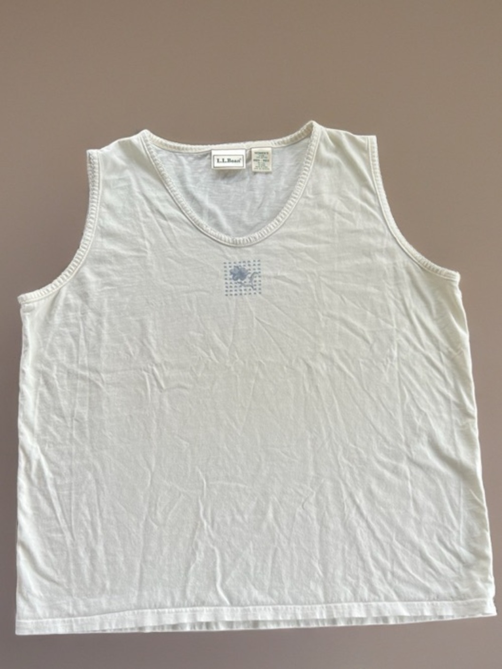 Vintage L.L. Bean White Tank Top with Blue Floral Motif
